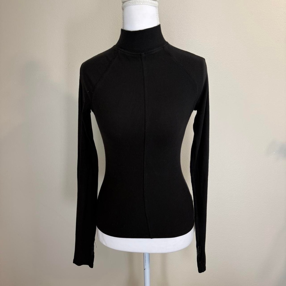 Joah Brown Mock Neck Ribbed Long Sleeve Stretch Top Womens XS (see cap)
